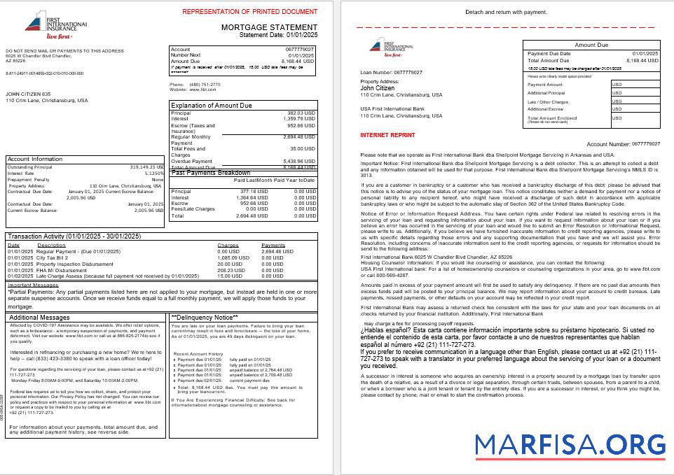 Realistic USA First International Bank & Trust bank mortgage statement in Word and PDF formats, 3 pages 1 2 real example